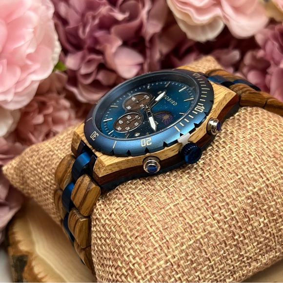 Luxury Zebra Wood Blue Chronograph Military Quartz Watch - Picture 9 of 16